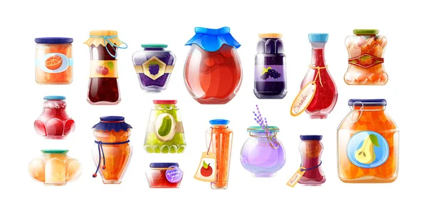 Mermelada casera en hermosos frascos de vidrio de varias formas . — Vector de stock