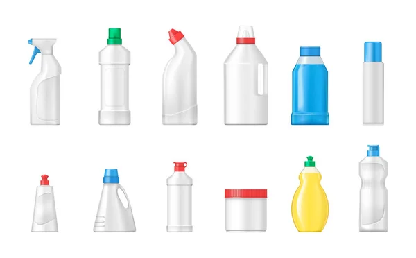 Casa de limpeza de produtos de plástico realista conjunto vetor isolado . — Vetor de Stock