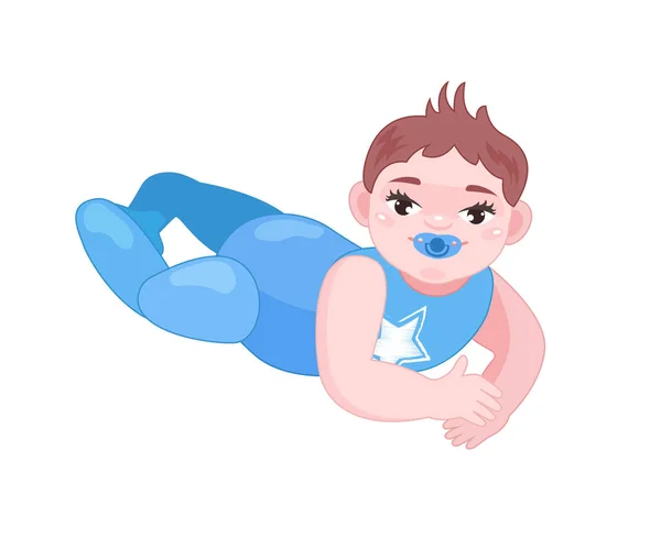 Bambino con ciuccio si trova in vestiti per bambini sul pavimento. Illustrazione vettoriale . — Vettoriale Stock