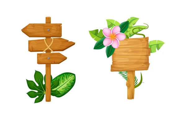 Houten planken met jungle liana planten en tropische bloemen — Stockvector