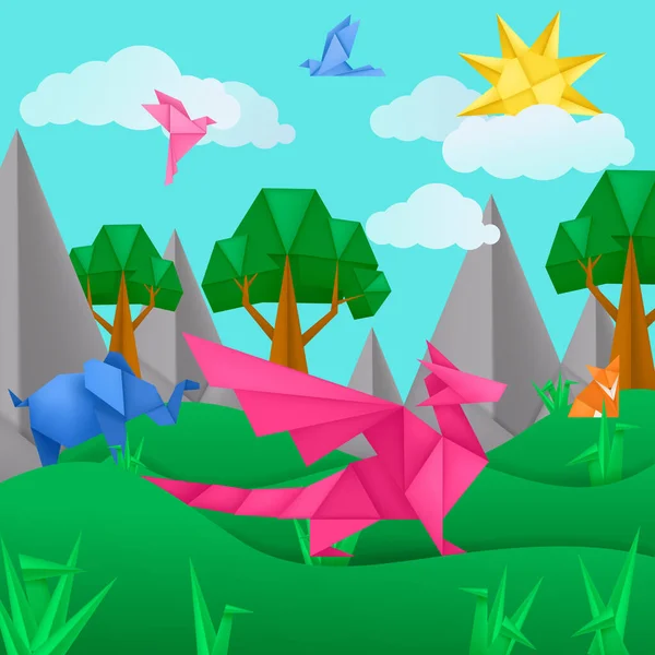 Papel origami animales paisaje aplicación papel fondo — Vector de stock