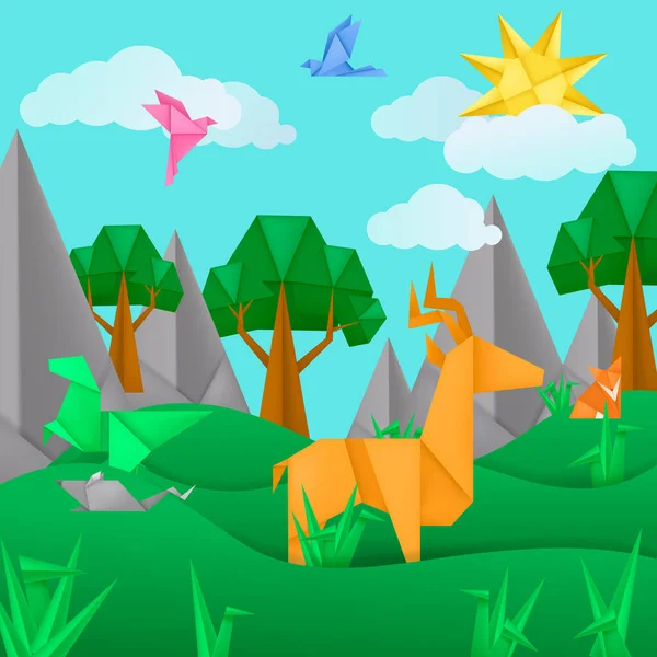 Origami de papel animais paisagem aplicação papel fundo — Vetor de Stock