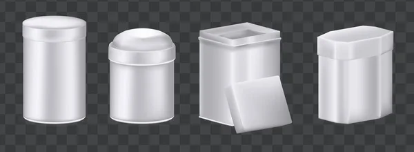 Conjunto de maquetes de caixa de metal realista. Recipientes de alumínio caixas formas diferentes — Vetor de Stock