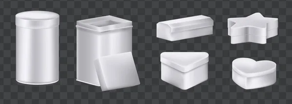 Conjunto de maquetes de caixa de metal realista. Recipientes de alumínio caixas formas diferentes — Vetor de Stock