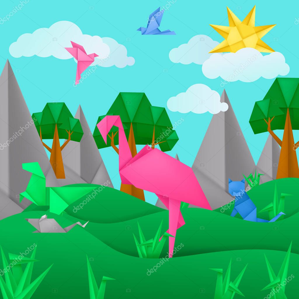 Paper origami animals landscape application paper background with flamingo, bird, cat, clouds, trees, mountains. Kids template cut paper toy origami landscape vector illustration for card, poster