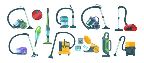 Vacuum cleaner equipment cartoon set. Washing robot cyclone and car vacuum cleaner. — Stock Vector
