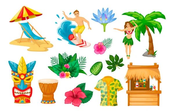 Moderne traditionelle Objekte der hawaiianischen Kultur. Reisen in exotische Länder. — Stockvektor