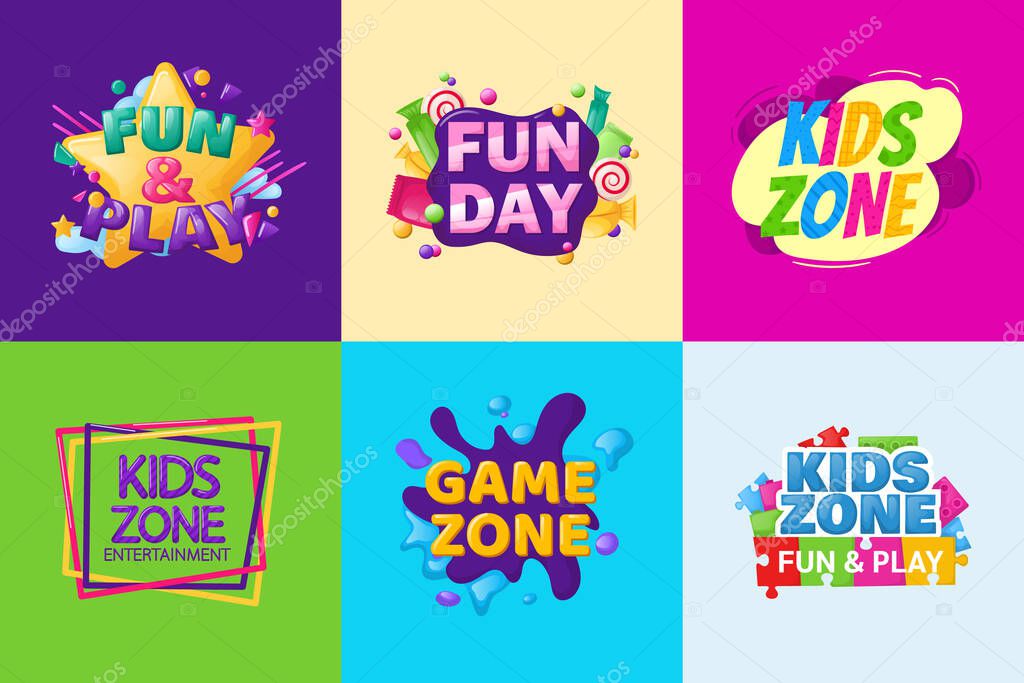 Kids zone fun day entertainment set childish banner label sticker badge logo. Cartoon colorful logo for childrens playroom decoration, fun play, kids zone vector illustration