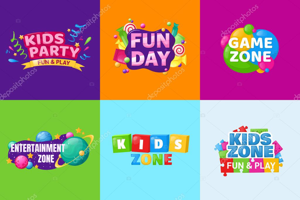 Kids zone fun day entertainment set childish banner label sticker badge logo. Cartoon colorful logo for childrens playroom decoration, fun play, kids zone vector illustration