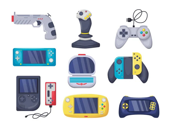 Παιχνίδι κονσόλες αντικείμενα που. Gamepad, παίζοντας joystick, κονσόλα βίντεο, παιχνίδια gadgets χαρά — Διανυσματικό Αρχείο