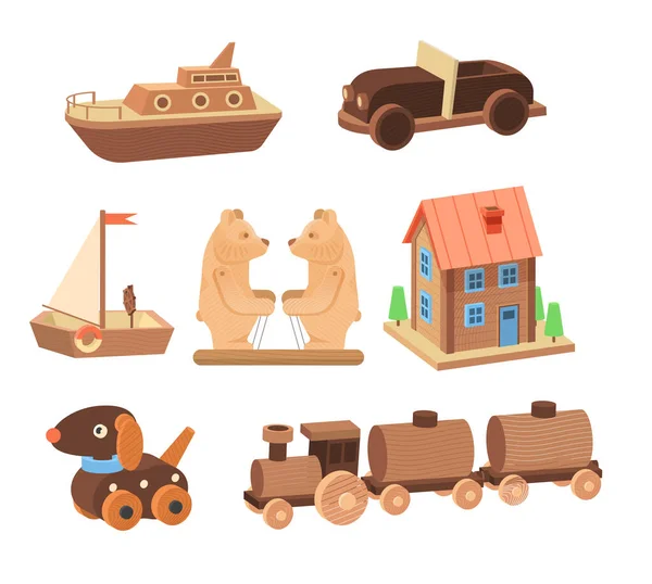 Ensemble de jouets en bois vintage. Jouets pour enfants en ours en bois, avion, épée, hérisson éducatif, puzzle, chien — Image vectorielle