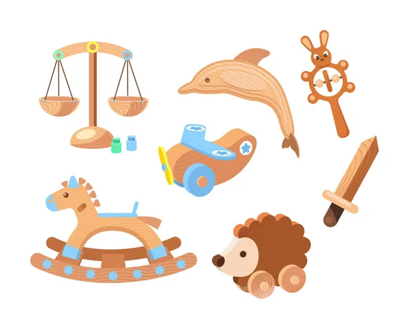 Conjunto de juguetes de madera vintage. Juguetes para niños hechos de osos de madera, plano, espada, erizo educativo, rompecabezas, perro — Vector de stock