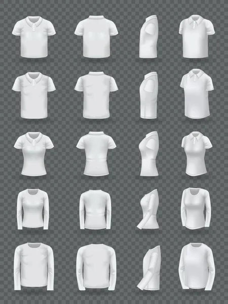 現実的なポロシャツの男性の女性が設定します。白い空の古典的なポロTシャツモックアップ上の透明ダークな背景に隔離 — ストックベクタ