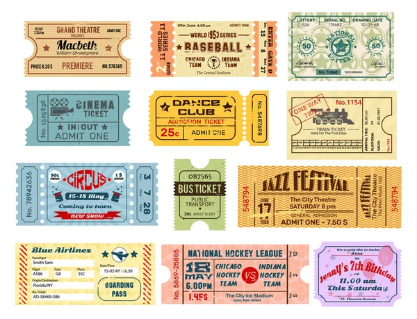 Eski moda biletler ve kuponlar. Eski kağıt karton biletler sinema eğlence piyangosu biletleri — Stok Vektör