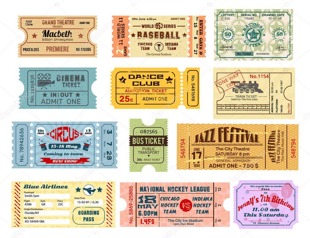 Vintage old tickets and coupons. Old paper cardboard texture tickets at cinema amusement entertainment lottery