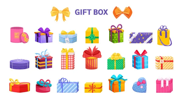 Presente envuelto caja de regalo diferentes formas con cintas y arcos . — Vector de stock