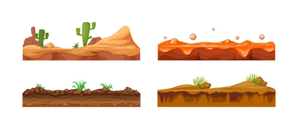 Spellandskap, spelgränssnitt. Landskap för 2D-spel. Landskap med kaktus, jord, sandjord, lavavektor — Stock vektor