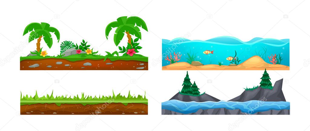 Game Landscape Gaming Interface Landscape For 2d Games Ground Surface With Lawn Grass And Vegetation Underwater World With Sand Water Seaweed Fish Exotic Tropical Surface With Palm Trees Premium Vector In