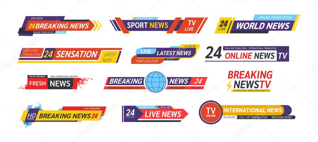 TV title news bar logos, news feeds, television, radio channels. Banner of live television broadcast media title, breaking news, streaming show news sport channel media tv bar vector isolated