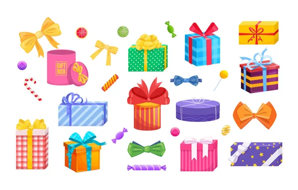 Gift box with tie bow. Present wrapped gift box differents shapes with ribbons, bows. — Stock Vector