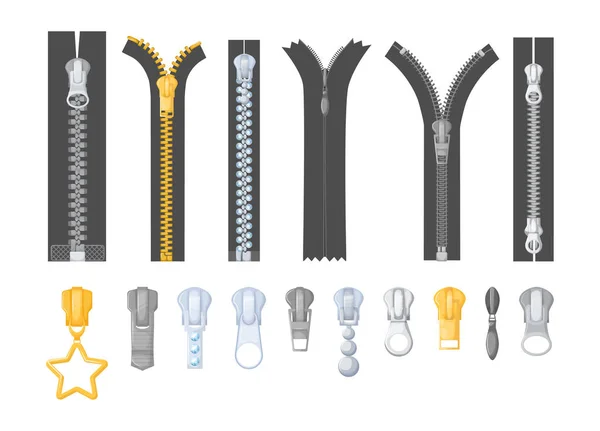 Металлическая серебряная золотая молния с застежками. Реалистичные различные крепеж с тягачами для ткани, платья, брюки — стоковый вектор