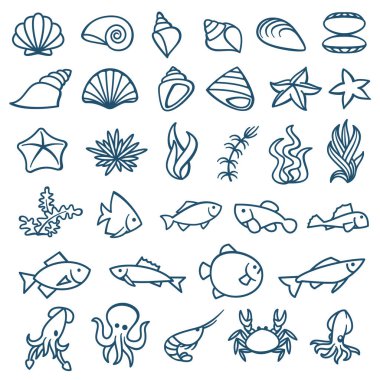 Deniz hayvanları tek renkli seti, beyaz arka bahçeye izole edilmiş 36 adet.