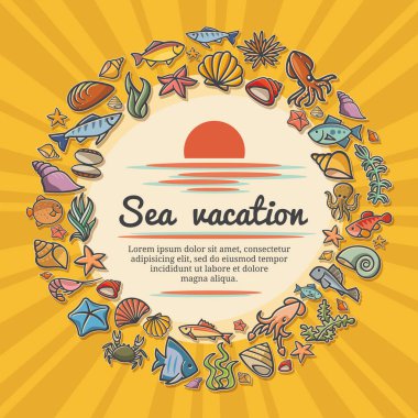 Deniz temalı renkli karikatürde kartpostal boşluğu