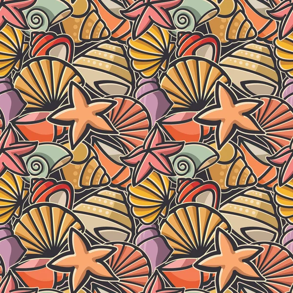 Безшовна текстура для дизайну тканини на морську тему з мушлями і морськими зірками — стоковий вектор