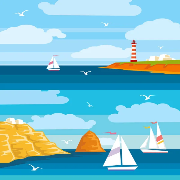 Εικονογράφηση θαλασσογραφία σε στυλ επίπεδη, μπλε πορτοκαλί, σύννεφα και πλοία — Διανυσματικό Αρχείο