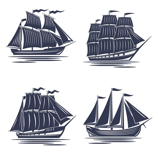 Set of monochrome 4 ships, old ship silhouettes — Stock Vector