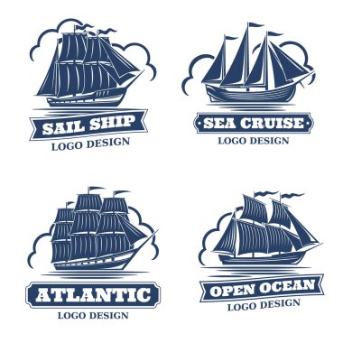 Geriye dönük gemileri, monokrom ve izole edilmiş 4 lofo seti.