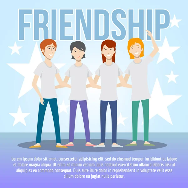 Flat people illustration, 4 people stand smiling, friendship