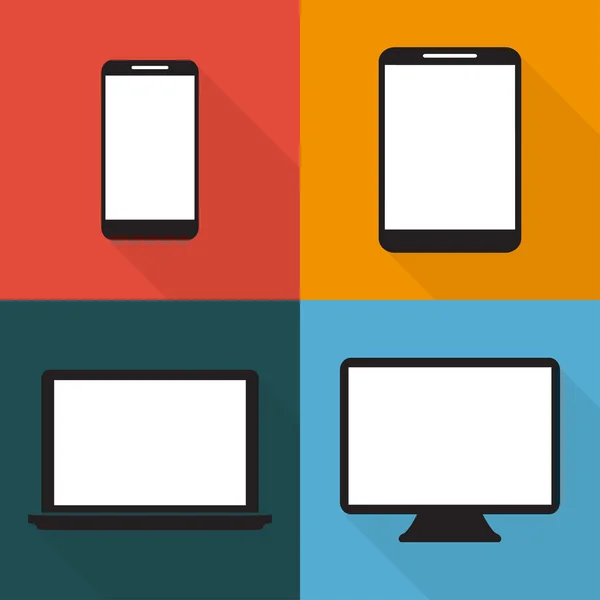 Reihe von Techniken in flach, Telefone, Tablets, Monitore, Laptops auf farbigen Hintergründen, Vektor — Stockvektor