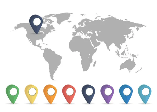 Mapa do mundo cinza colorido sobre um fundo branco com pino — Vetor de Stock