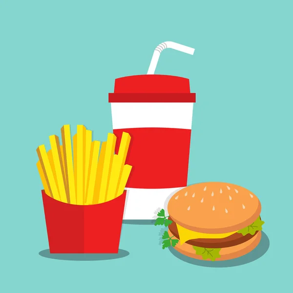Frites avec soda et hamburger à plat — Image vectorielle