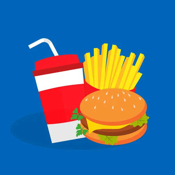 Papas fritas, hamburguesas y refrescos. Comida rápida, diseño plano . — Vector de stock