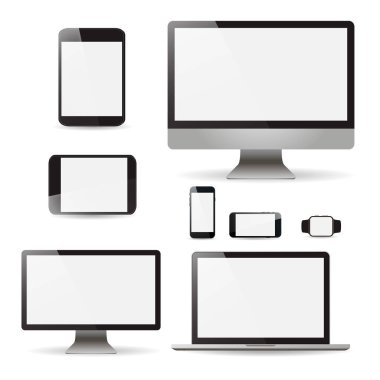Mockup gerçekçi monitör dizüstü tablet ve telefon vektör çizim ayarla.