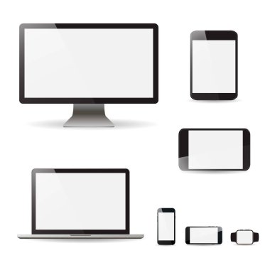 Mockup gerçekçi monitör dizüstü tablet ve telefon vektör çizim ayarla.