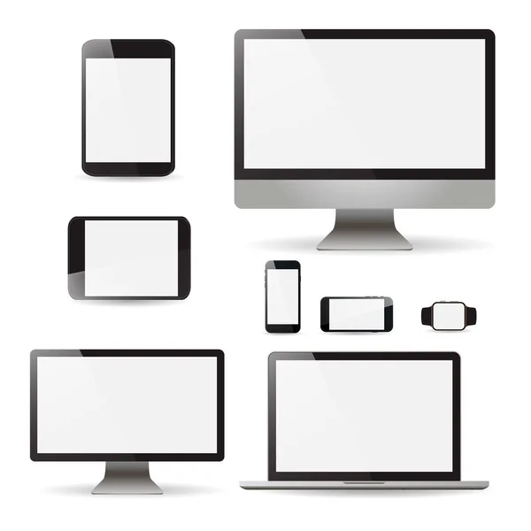 Conjunto de maquetas realistas Monitores portátil tableta y teléfono vector ilustración — Vector de stock