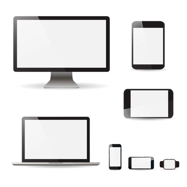 Mockup stellen realistische monitoren laptop tablet en telefoon vectorillustratie — Stockvector