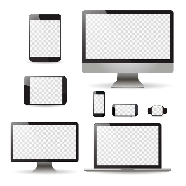 Mockup Set realistische Monitore Laptop Tablet und Telefon Vektor Illustration — Stockvektor