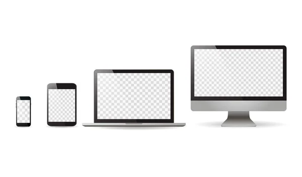 Mockup conjunto realista Monitora tablet laptop e telefone ilustração vetor —  Vetores de Stock