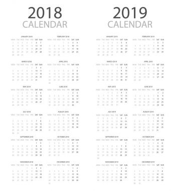 2018 ve 2019 y›llarda düz stil için takvim