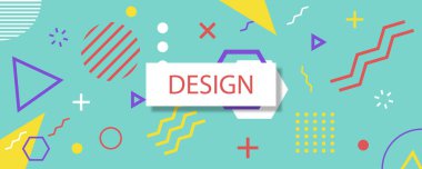 Geometrik şekillerin arka planı. Memphis tasarımı, ağ için retro elementler. Vektör illüstrasyonu