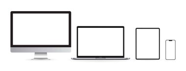 Model cihazlar. Monitör, dizüstü bilgisayar, tablet, akıllı telefon. Vektör illüstrasyonu