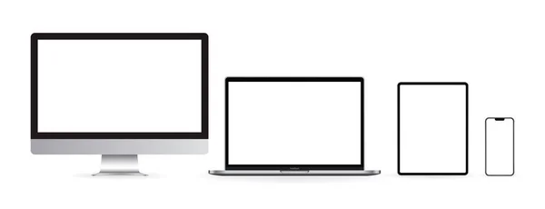 Conjunto Dispositivos Mockup Conjunto Realista Monitor Laptop Tablet Smartphone Ilustração —  Vetores de Stock