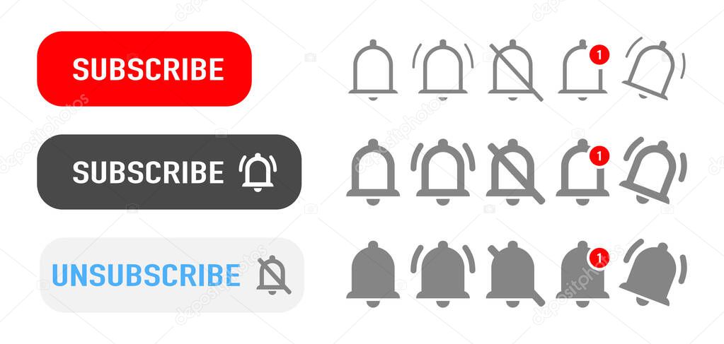 Subscribe button. Subscribe button with bells of notification isolated symbols. Vector illustration