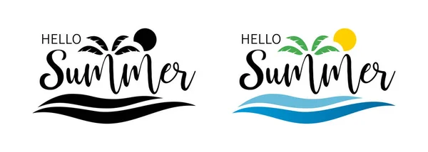 Hello Summer Set Sea Palm Summer Banner Hello Summer Hand — Stock Vector