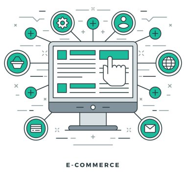 Düz çizgi Online alışveriş ve E-ticaret. Vektör çizim.