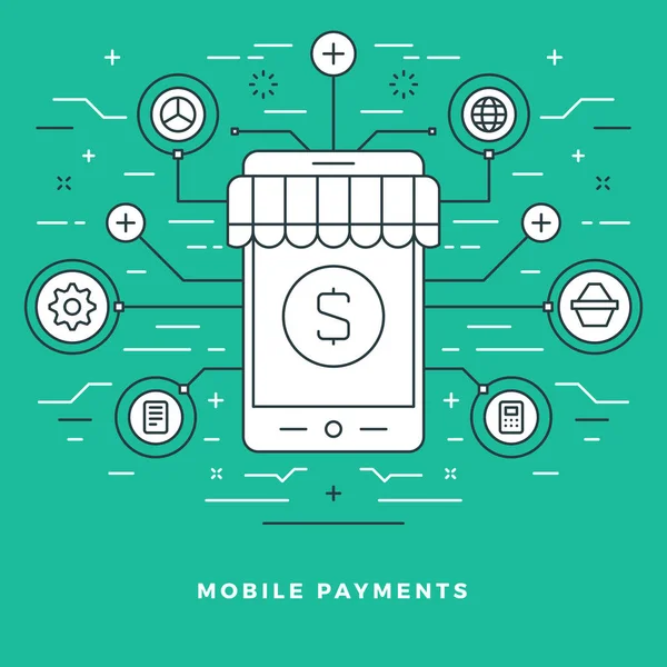Platte lijn mobiele betalingen en Shopping Concept Vector Illustratie. — Stockvector